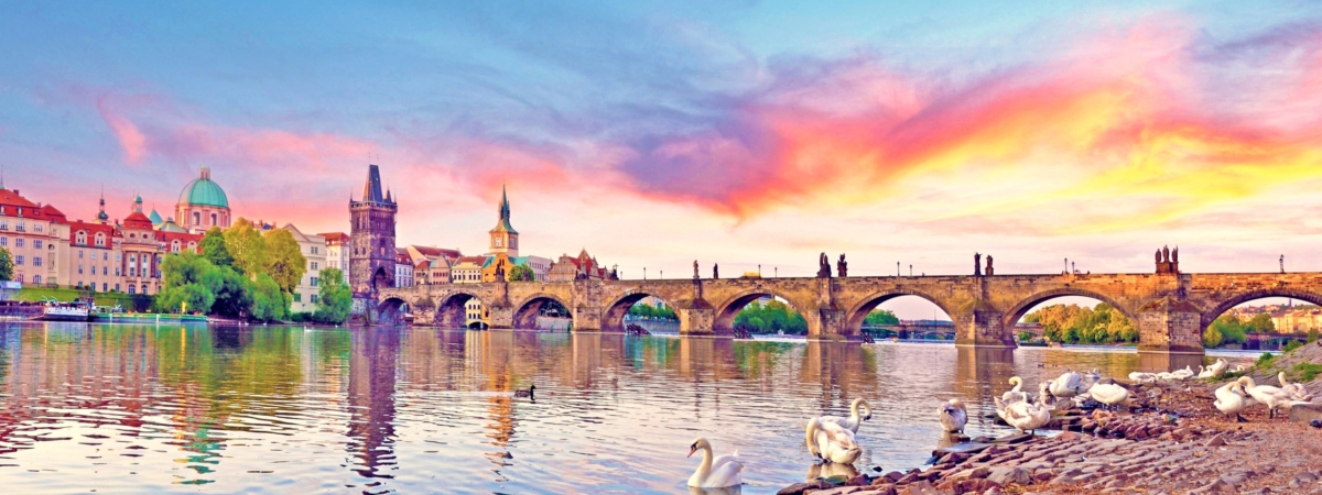 Incredibly beautiful bright colorful landscape with swans on the Vltava River in the old city of Prague, Czech Republic at dawn