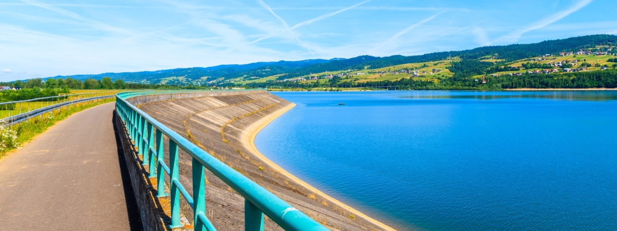 Cycling way along Czorsztynskie lake in Frydman village, Pieniny Mountains, Poland