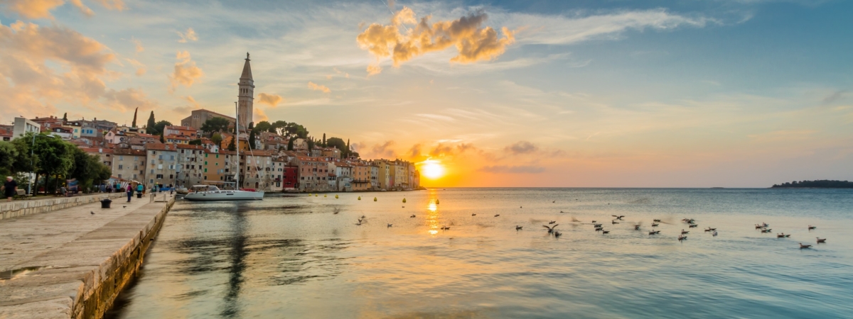 Beautiful romantic old town of Rovinj with magical sunset,Istrian Peninsula,Croatia,Europe