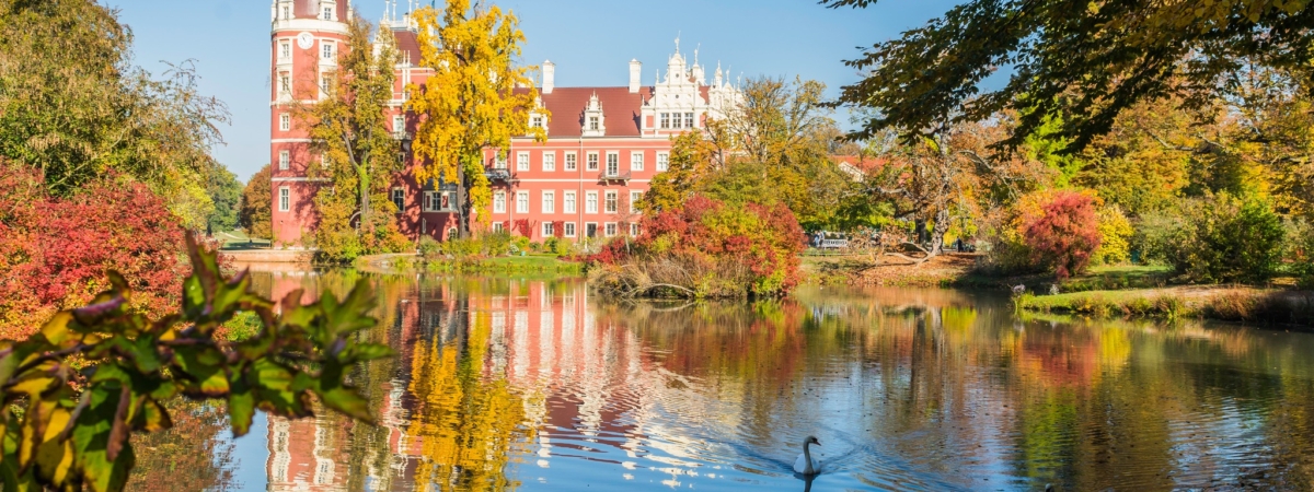 Old, historic, beautiful castle and gardens - Fürst Pückler Park in Bad Muskau - aerial view